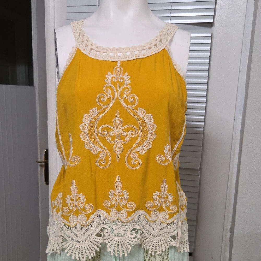 Ultra Pink Mustard Lace Trim Blouse Medium Sz P2p 19 - Picture 1 of 3